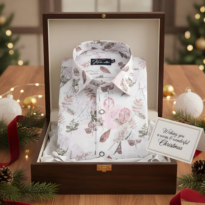 Italian Linen White With Marrun Green Mix Printed Shirts