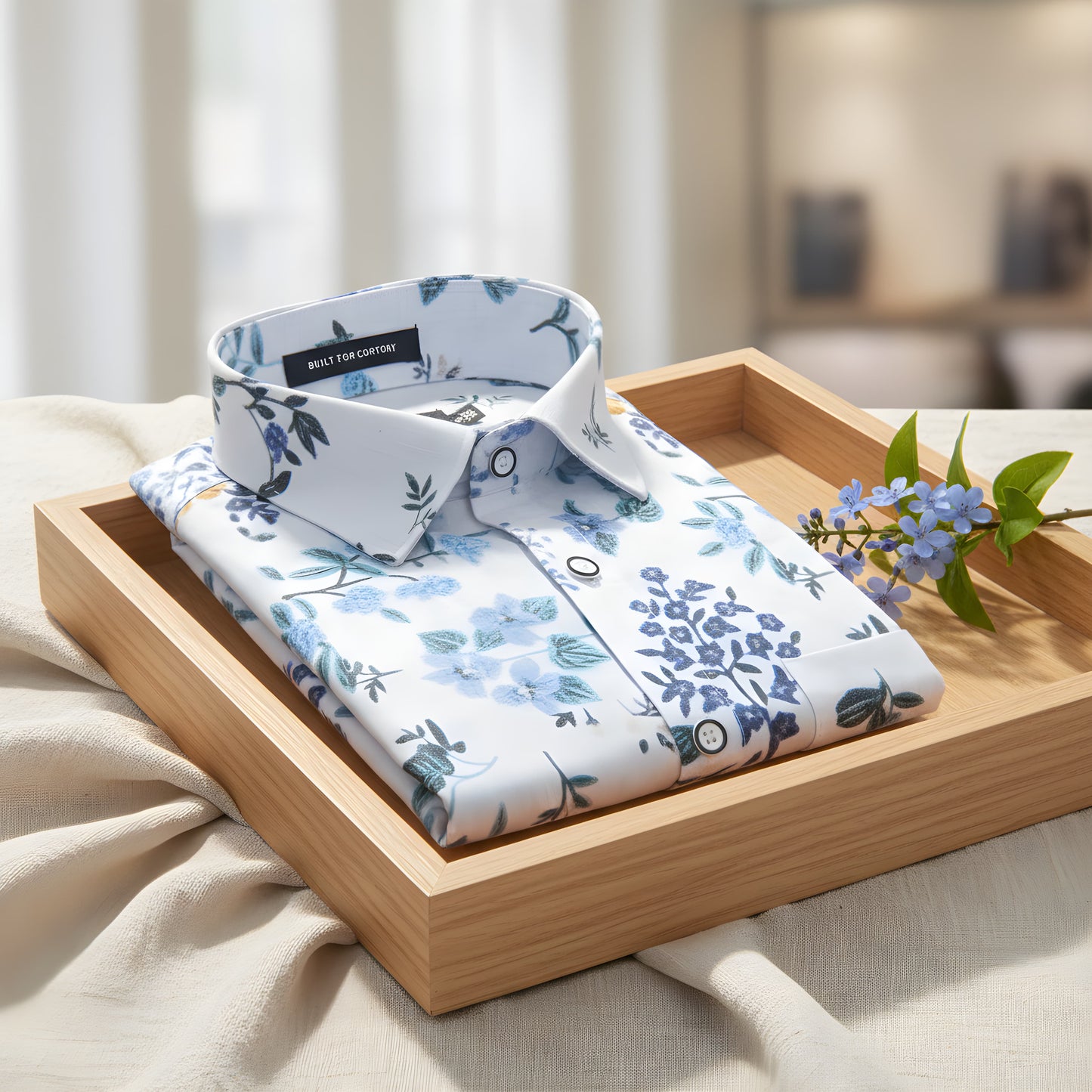 New Italian Linen White With Blue Flower Print Shirts For Men