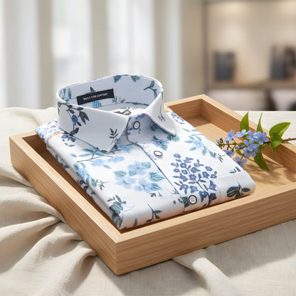 New Italian Linen White With Blue Flower Print Shirts For Men