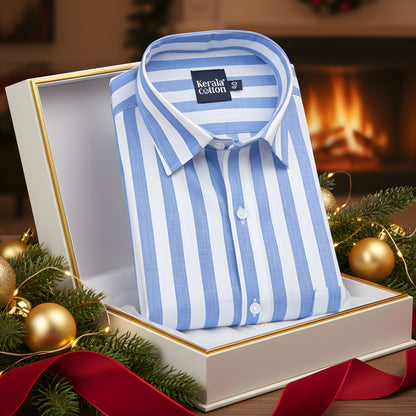 Linen White With Sky Patta Print Shirts For Men